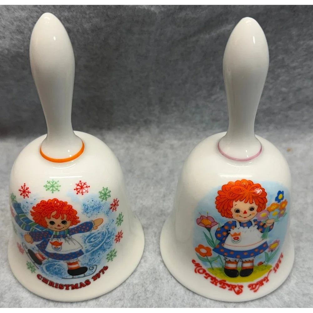 Vintage Raggedy Ann Porcelain Bell Set Christmas 1976 Mother's Day 1977 2pc